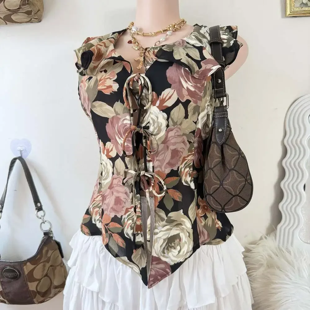 Y2K Floral Print Sleeveless Tie-Front Top